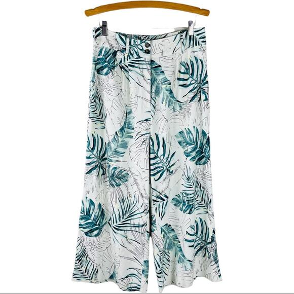Pants - Cream green palm leaf tropical linen wide leg high waisted cropped pants large
